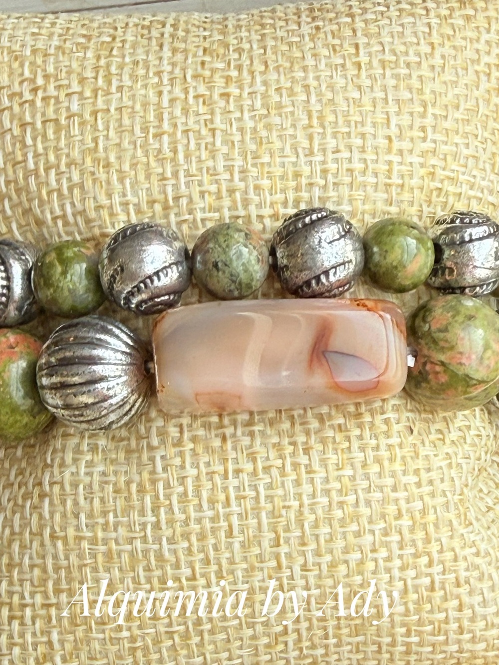 Unakite Green and Cream Agate Stretch Bracelet with Silver-tone Accents